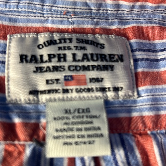 Ralph Lauren Jeans Co Mens LS Striped Button Down Shirt Color Blue/White/Salmon - Picture 2 of 3